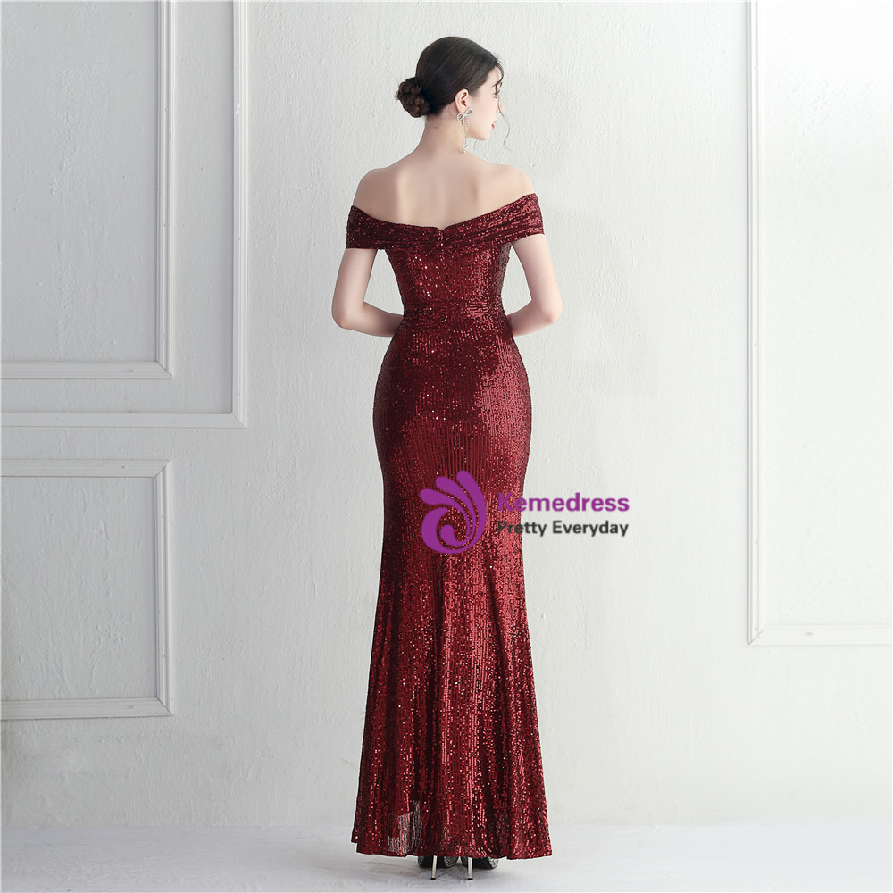 Chic Off The Shoulder Burgundy Slit Long Party Dress Evening Gown