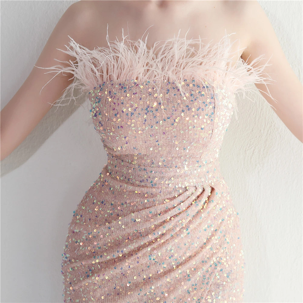 Sequin Feather Slit Party Dress