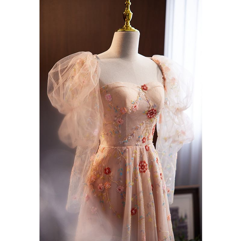 Pink Tulle Strapless Flower Prom Dress main image 1