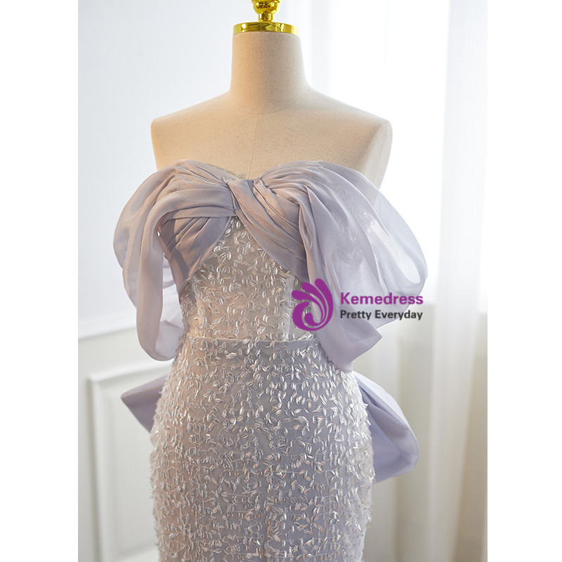 Blue Off the Shoulder Sequins Lace Mermaid Prom Dresses with Slit VK24031702