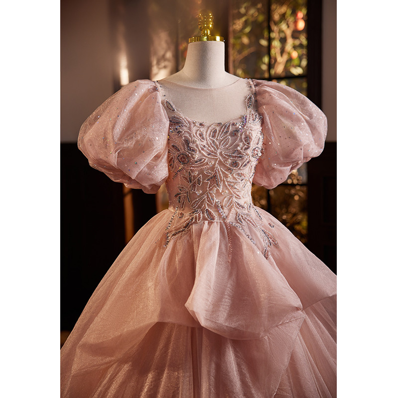 Pink Tulle Long Sleeve Appliques Beading Quinceanera Dress