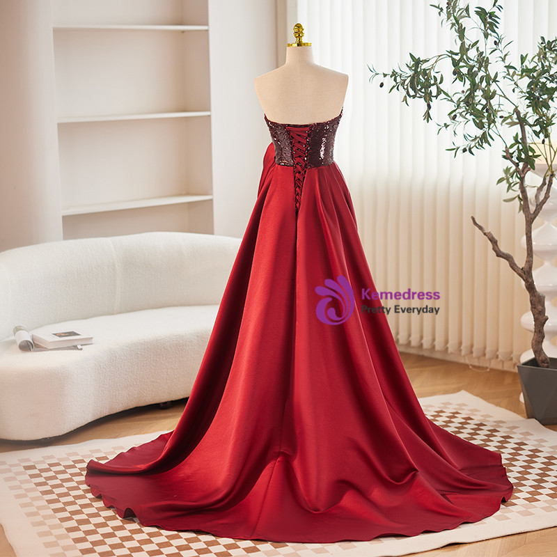 16043 Burgundy Tulle Detail Sequined Dress