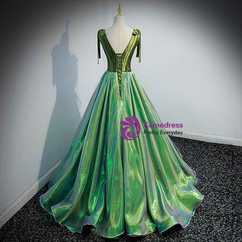 Green A-line V Neck Pleated Prom Dress,Green Wedding Guest Outfit Y6930 main image 1