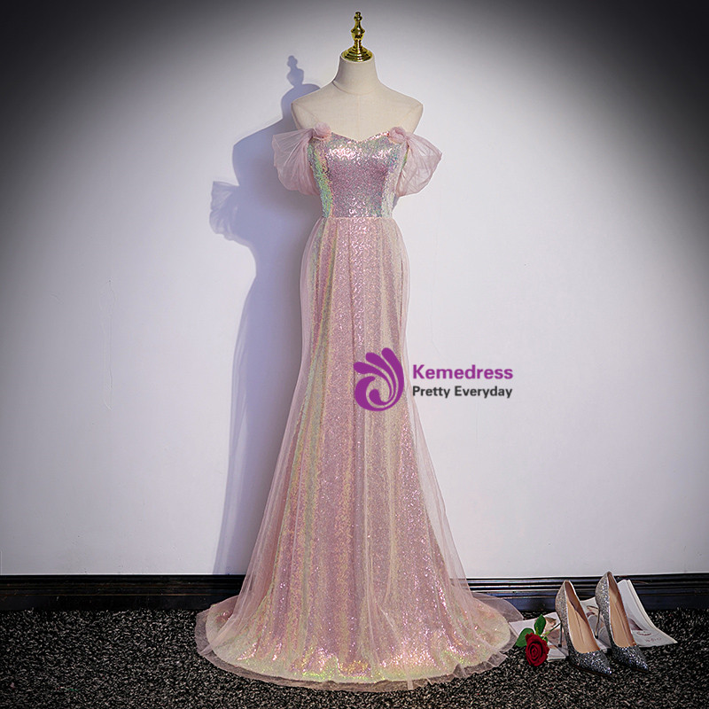 Stunning Pink Mermaid Train Off-The-Shoulder 3D Floral Satin Classy Prom Dress main image 0