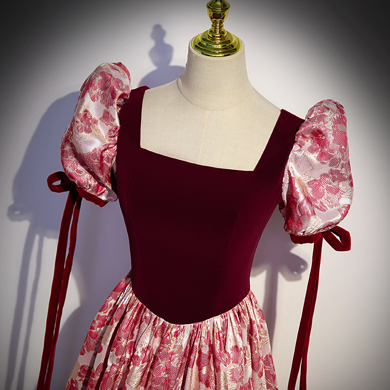 Burgundy Velvet Square Neck Puff Sleeve Prom Dress