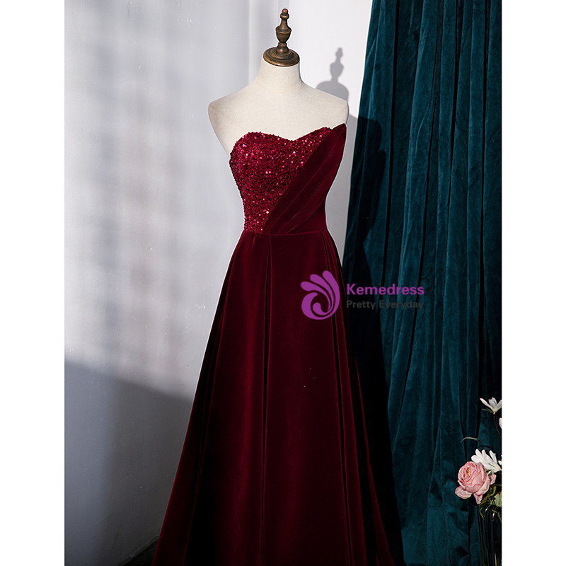 Sweep/Brush Train Burgundy Velvet Strapless Formal Dresses main image 1