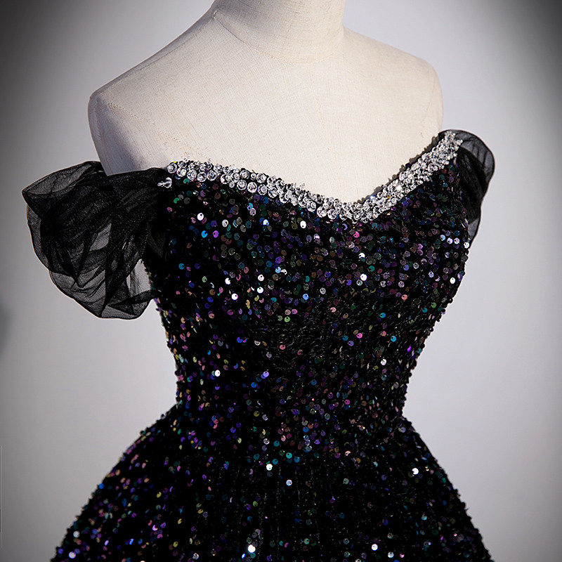 Elegant Black Prom Dress Sequins Off-shoulder Sheath Evening Sleeveless Birthday Dress DP05258