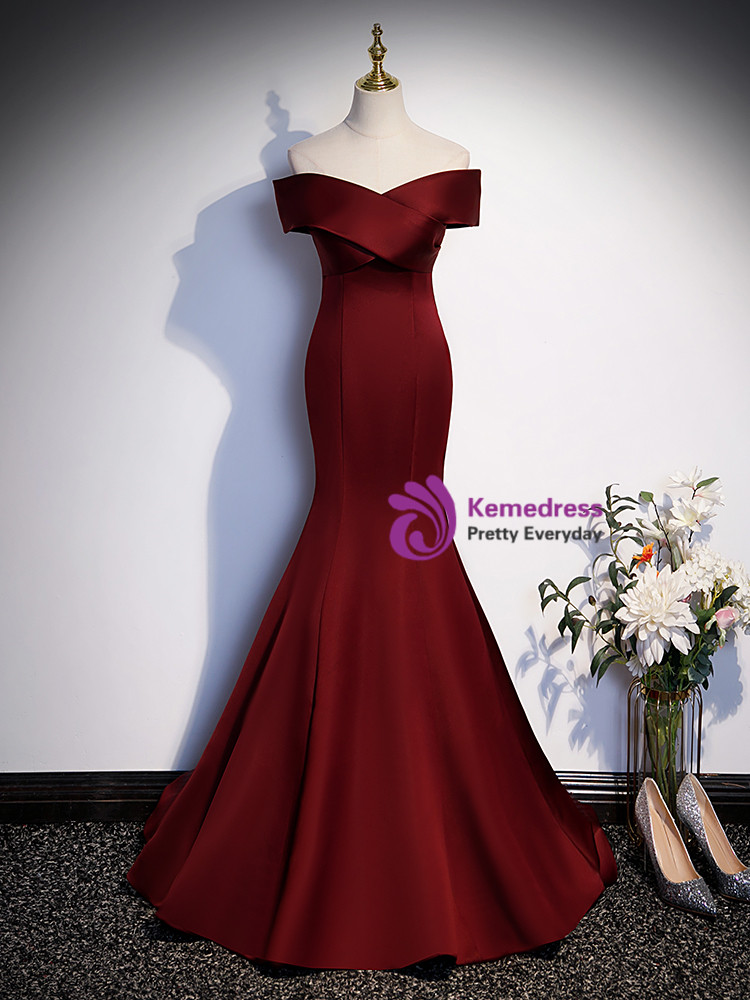 Burgundy Mermaid Satin Off the Shoulder Evening Prom Dress main image 0