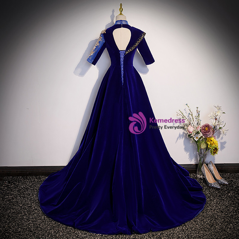 Blue Velvet Beads Short Prom Dress, Blue Retract Your Waist Cocktail Dress main image 1