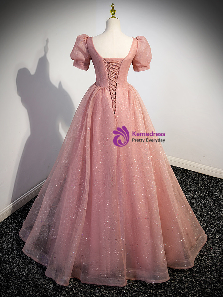 Pink Tulle Velvet Short Sleeve Square Pearls Prom Dress main image 1