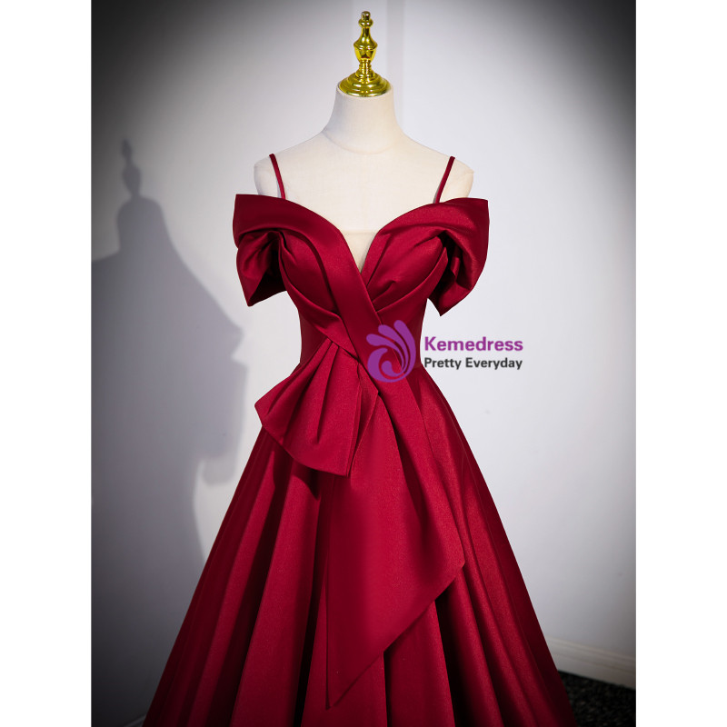 Spaghetti Straps Pleats Sleeveless Fuchsia Satin Formal Prom Dress, Slit main image 1
