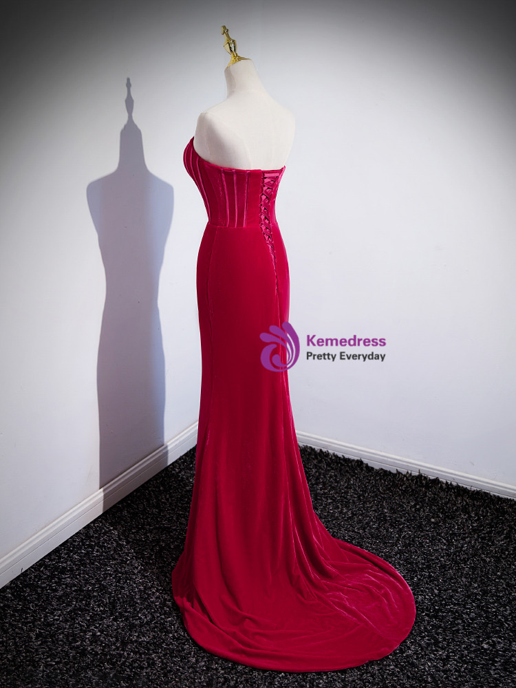 Fuchsia Square Short Sleeves Mermaid Evening Prom Dresses with Split Pleats