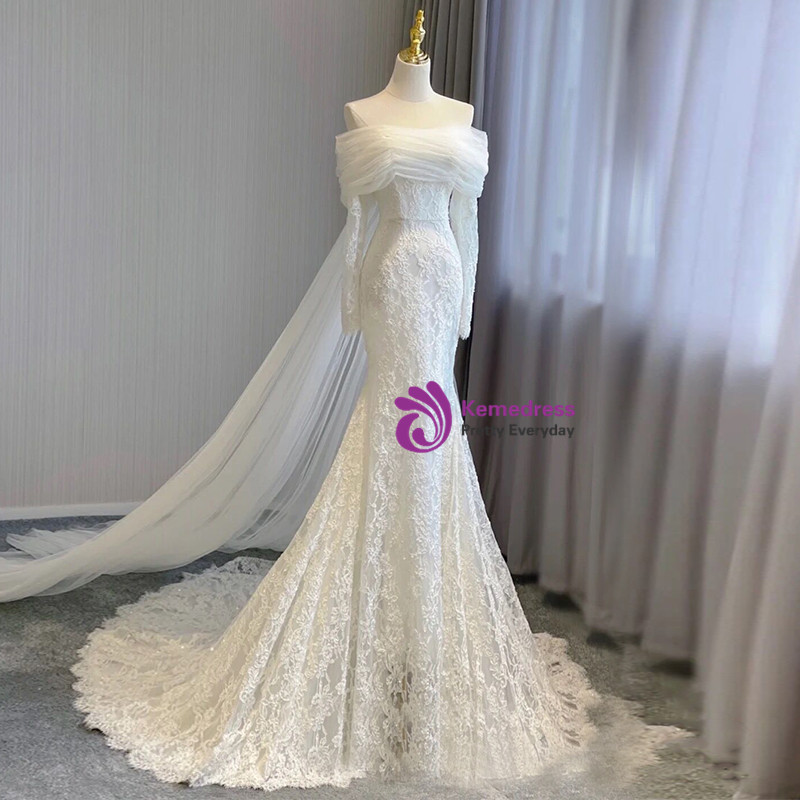 White Long Mermaid Lace Wedding Dresses with Sleeves