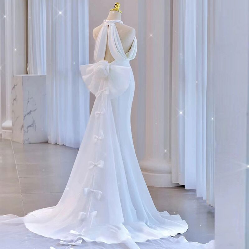 Halter Shiny Mermaid Satin Floor length Keyhole Wedding Dresses main image 1