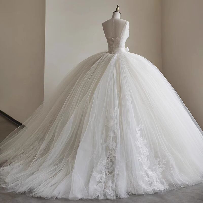 Glamorous Straps Ball Gowns Ivory Backless Tulle Wedding Dresses WD124
