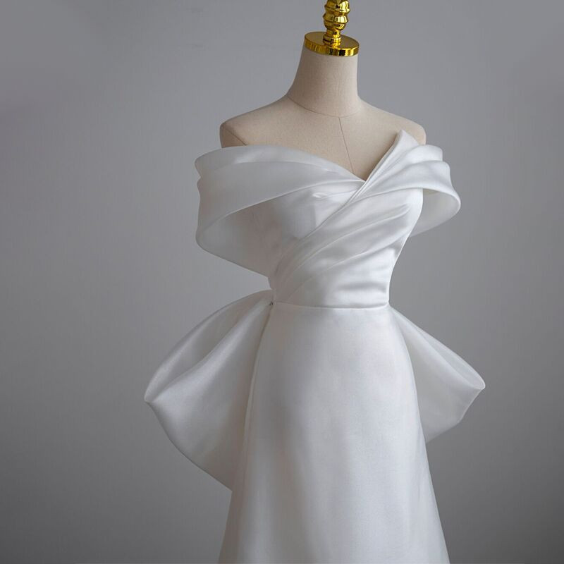 Pretty Off The Shoulder White Satin Chiffon Pleated Long Wedding Dress
