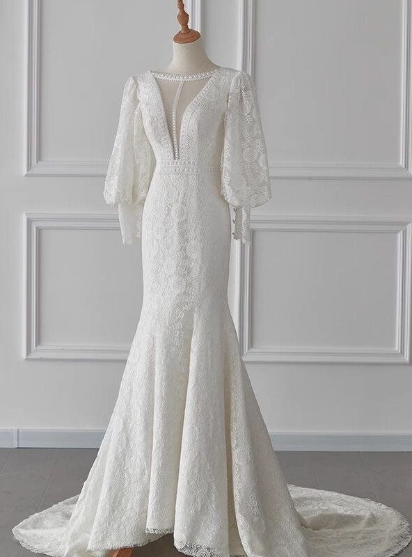 Charming Long White Mermaid Lace Wedding Dresses with Long Sleeves main image 1