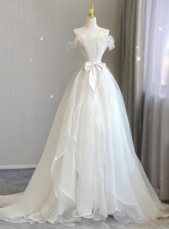White Strapless Sheer Back Long Wedding Dress with Bow