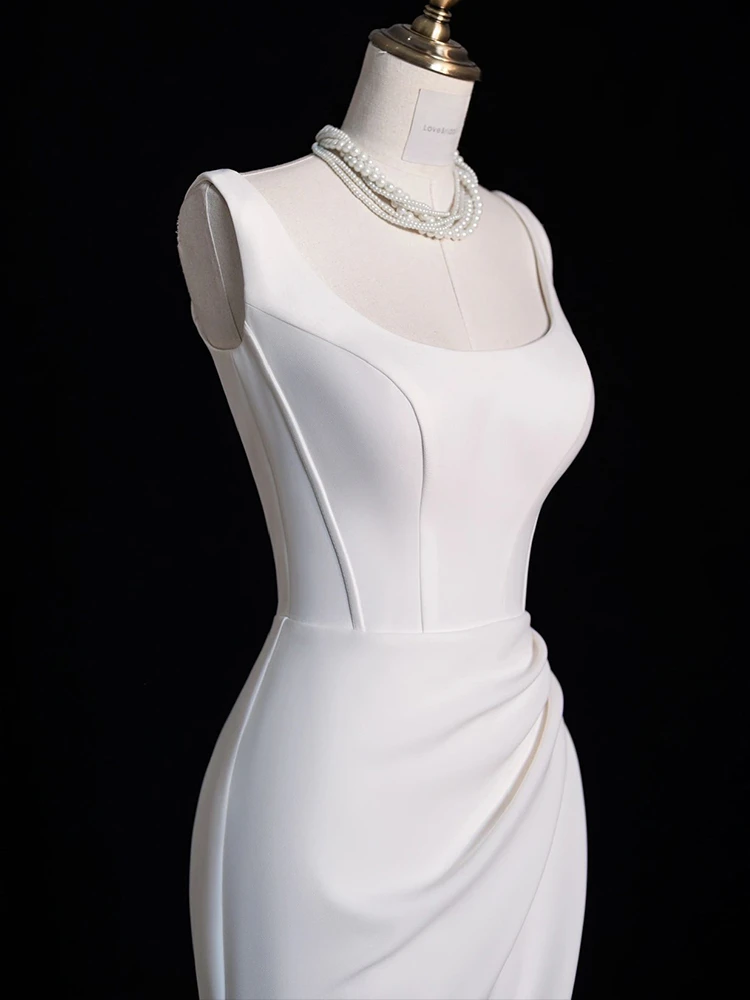 Ivory white mermaid satin wedding dress with square neckline, front slit and chapel train