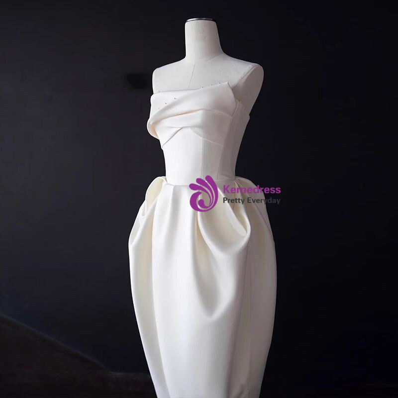Elegant Ivory Satin Strapless Sheath with Chapel Train & Tulle Veil Wedding Dress DP7693 main image 1