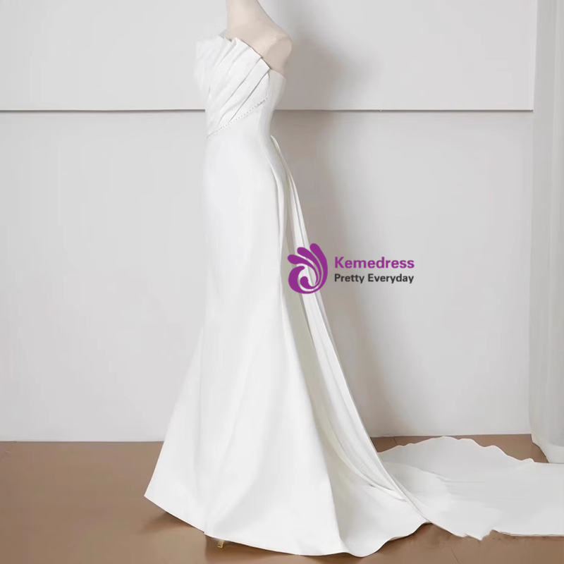 Classy White Mermaid Satin Pleated Strapless Hi Low Pleats Wedding Dress main image 1