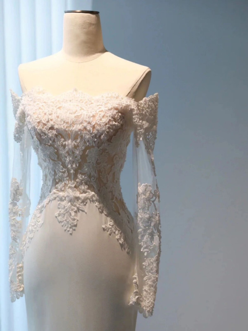 Off the Shoulder White Beaded Mermaid Wedding Dress main image 1