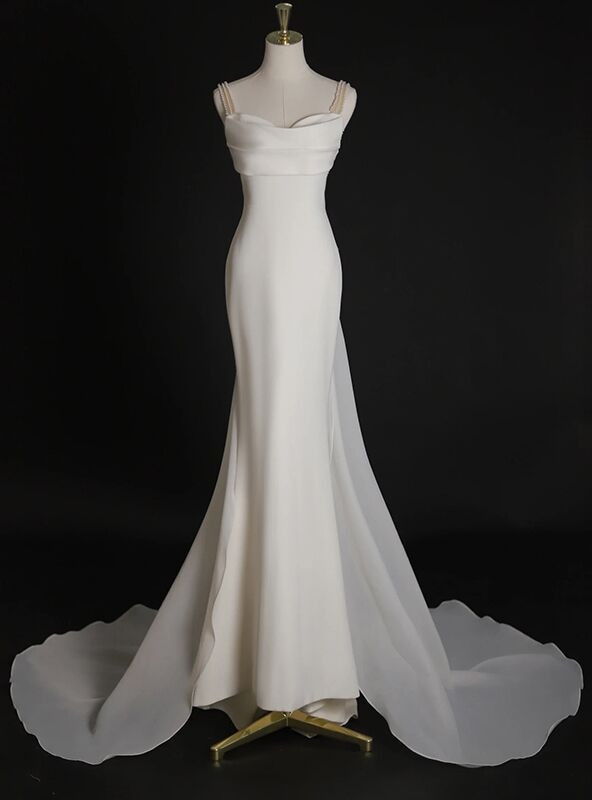 Ivory satin pearl mermaid wedding dress with straps