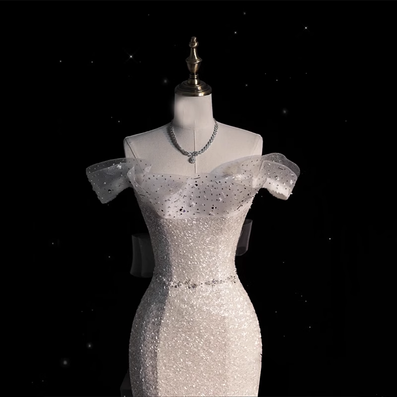 Unique Mermaid Off The Shoulder Sequin Short Sleeves White Wedding Dress Brides Dress main image 0