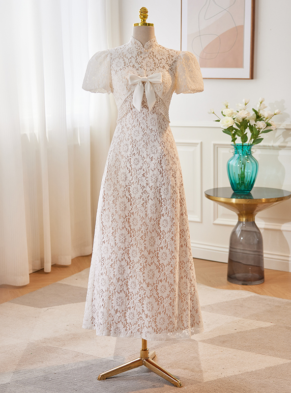 backless tea length wedding dress Puff Sleeve Lace Backless Tea Length Wedding Dress