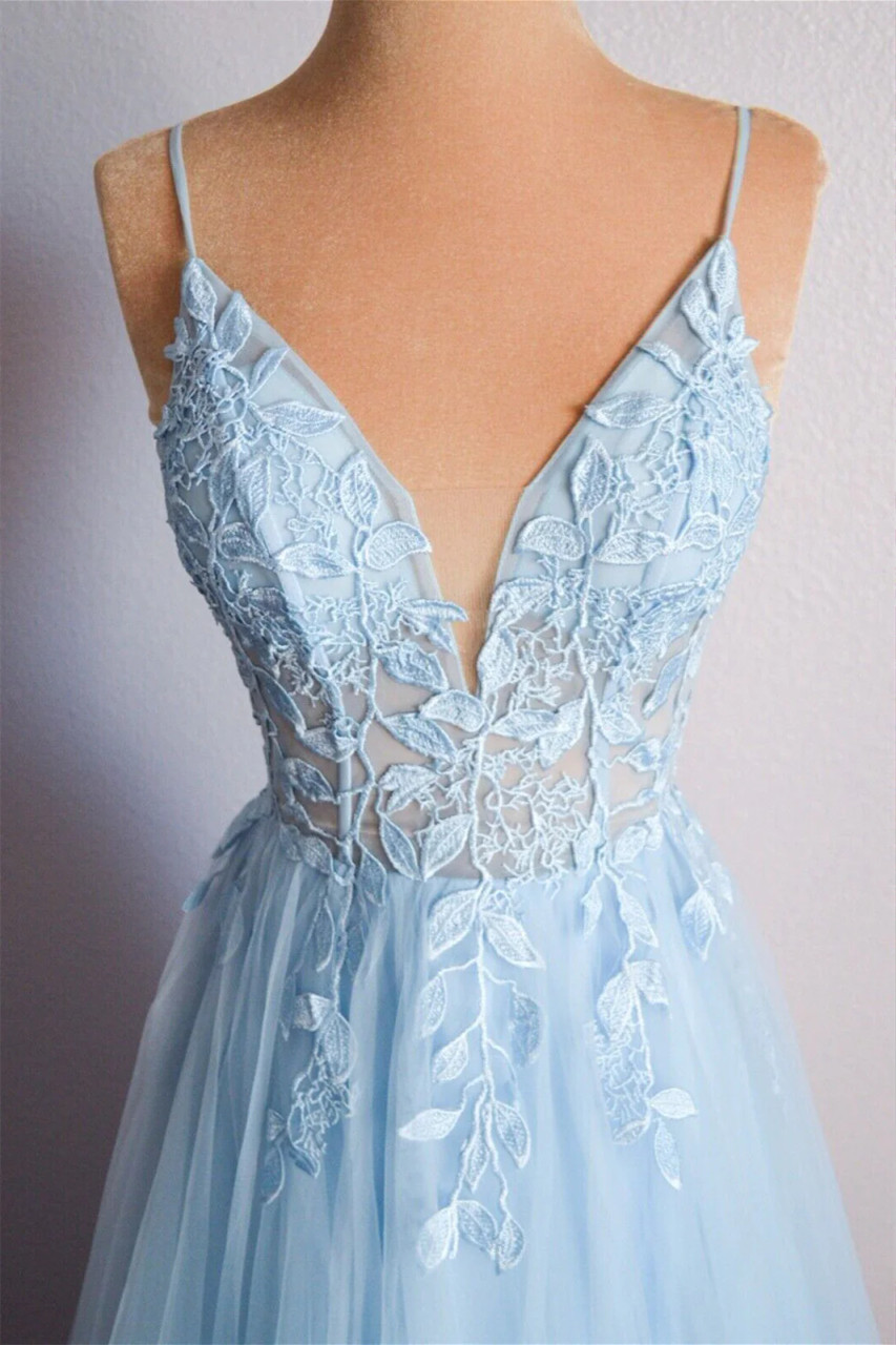 Lovely Light Blue Lace Applique Tulle Prom Dress, Blue Junior Party Dress Formal Dress