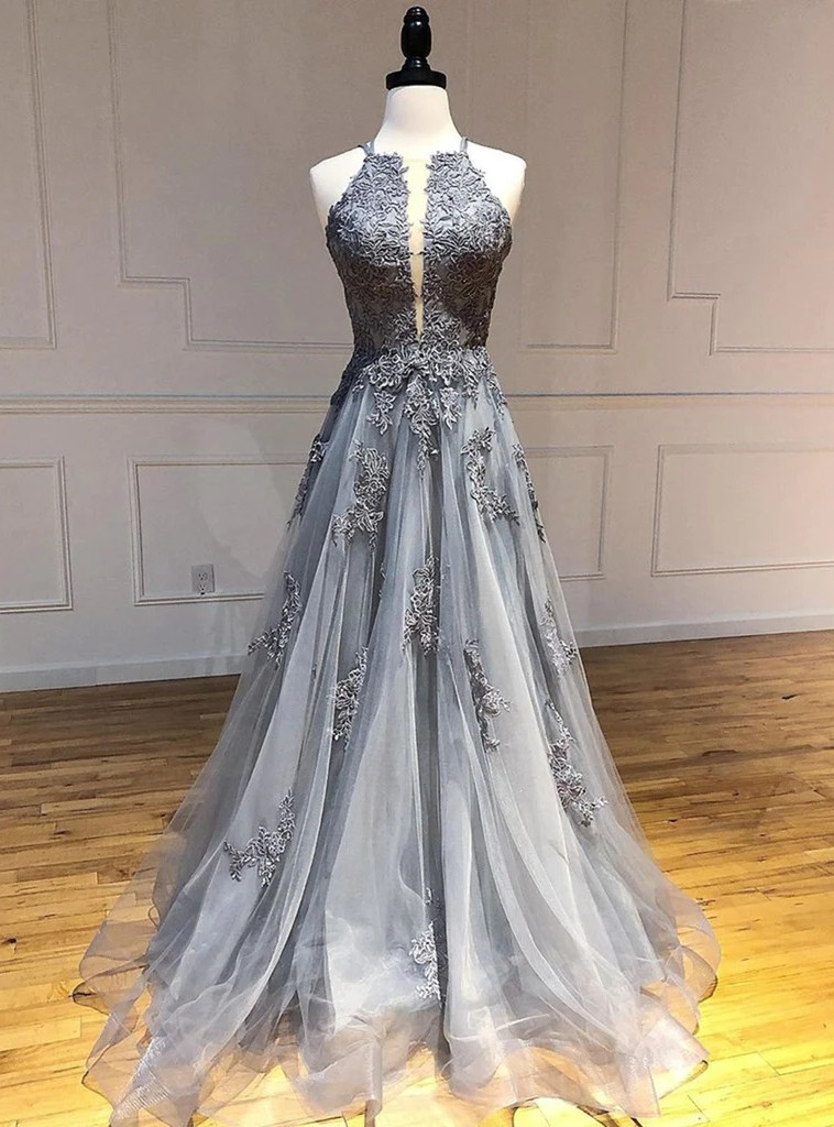 Tulle Gray Long Prom Dresses, Appliqued Backless Formal Evening Dress PO093