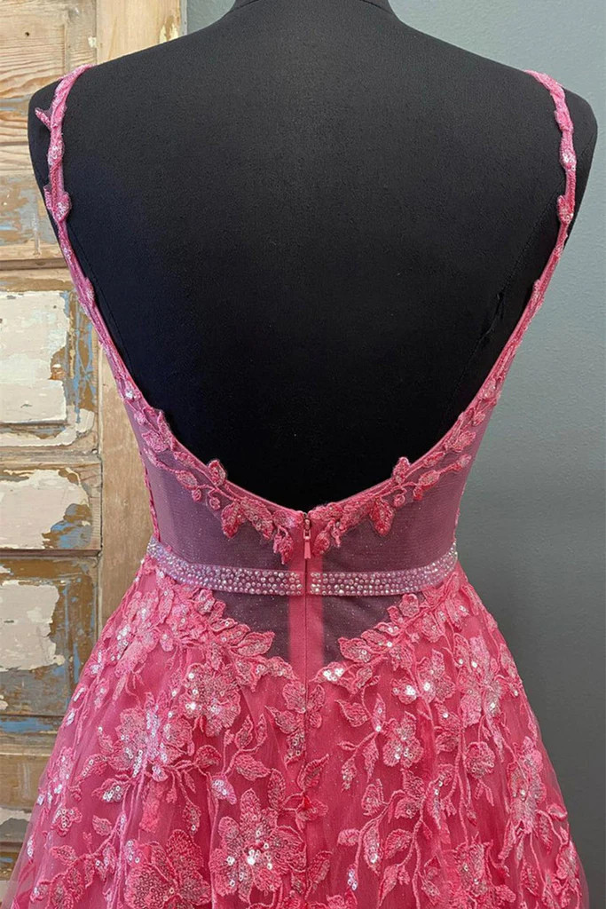 Hot pink beaded prom dress bodice with spaghetti straps