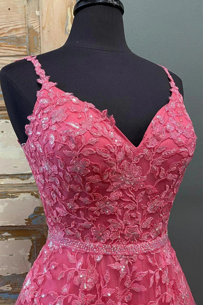 Hot pink tulle prom dress with spaghetti straps and A line silhouette