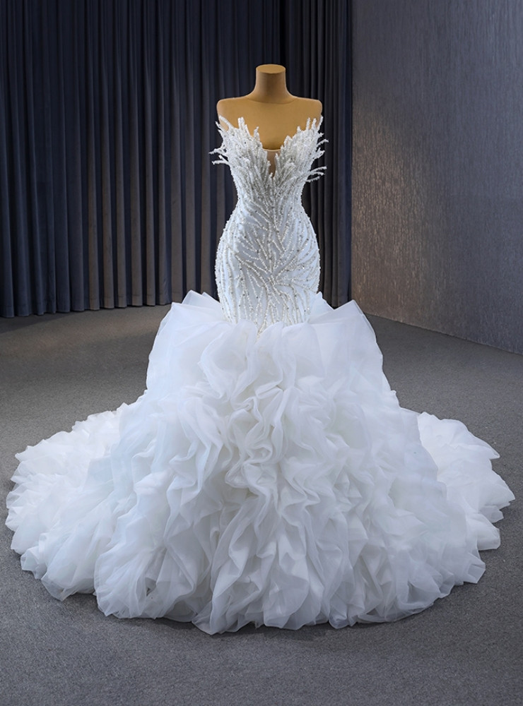 White Straps Sleeveless Mermaid Long Prom Dresses With Beads