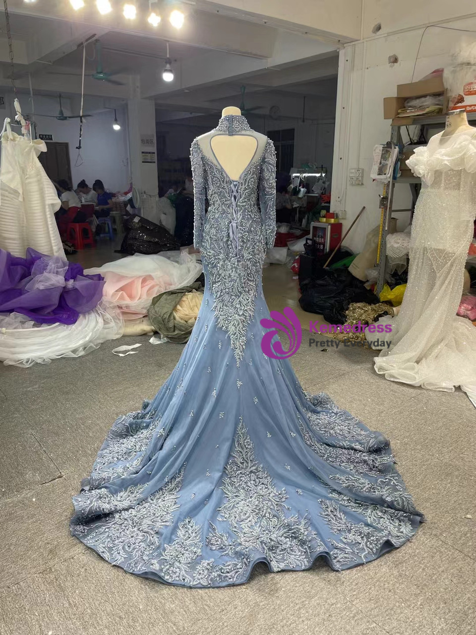 Feather High Neck Short Sleeve Blue Tulle Mermaid Prom Dress