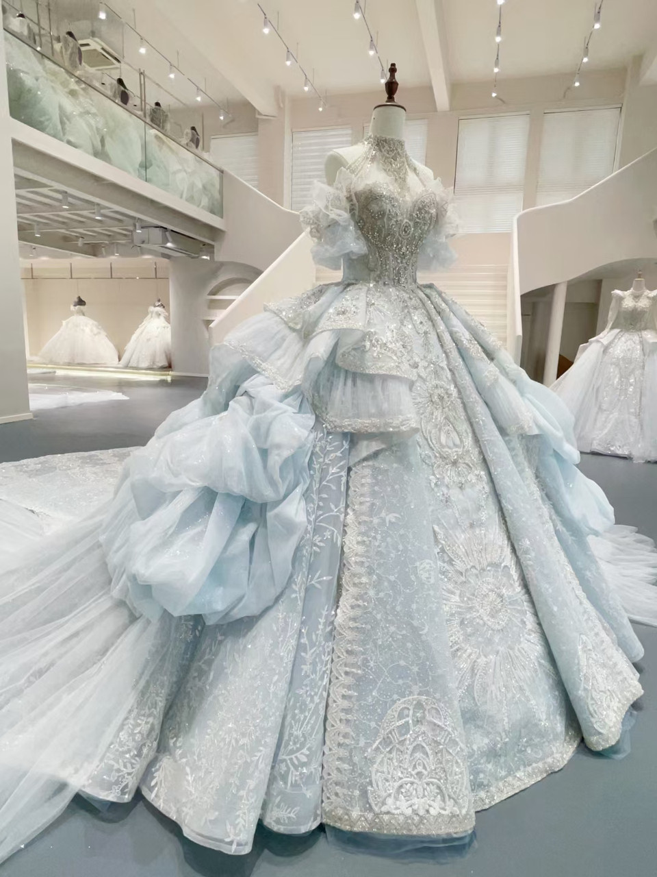 Beaded Flowers Lace Tulle Ball Gown Chapel Wedding Dress, main image 0