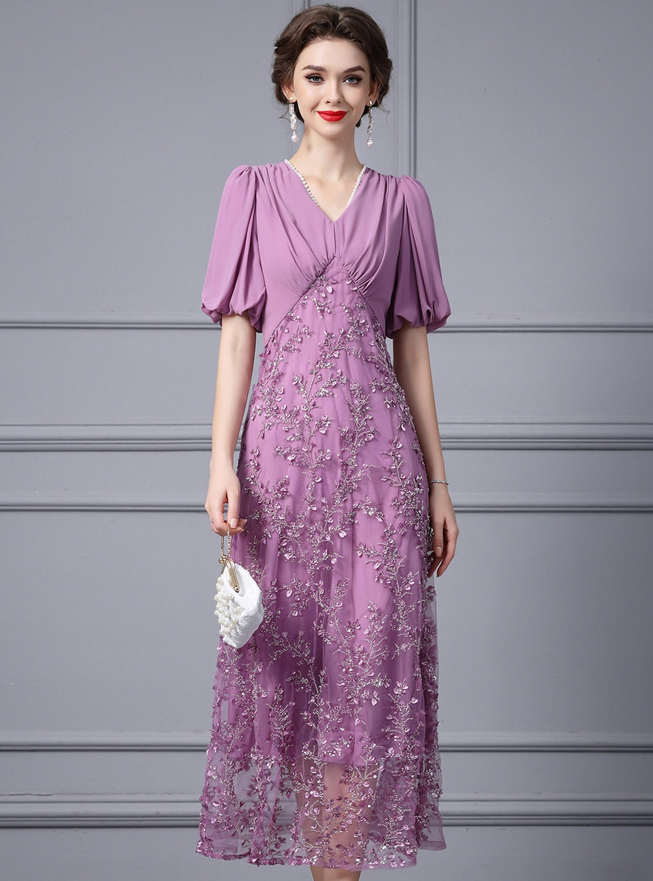 Sparkly Purple Chiffon A Line V Neck Long Sleeves Mother of The Bride Dress