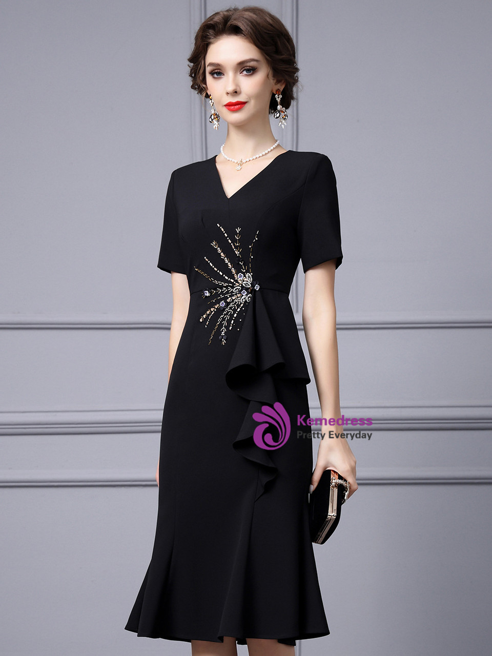 V-Neck Short Sleeves Beading Jade Mother Of The Bride Dress main image 0