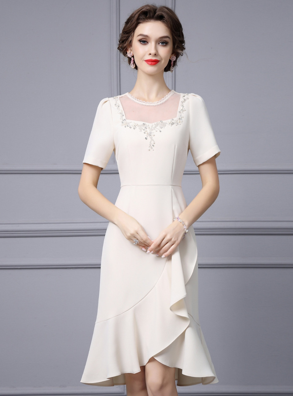 Apricot Mermaid Short Sleeve Beading Pearls Mother Of The Bride Dress