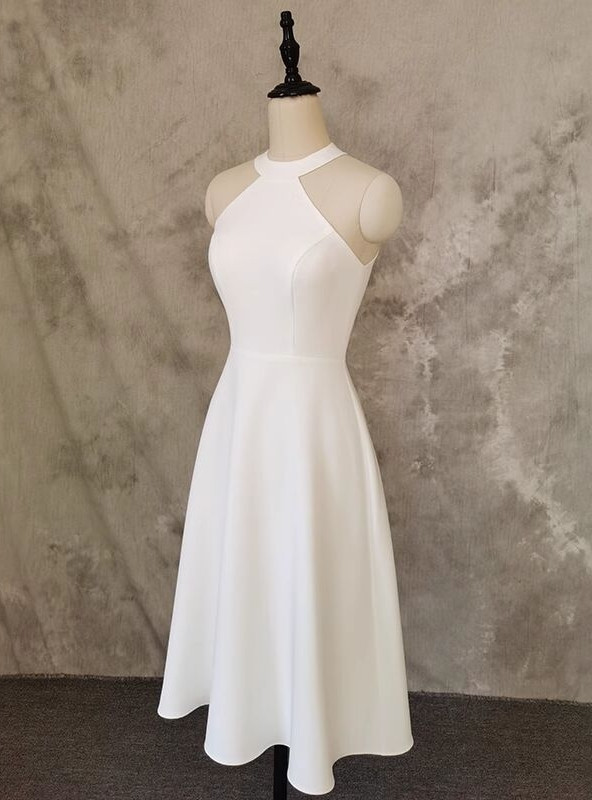 white halter dress short Serene White Satin Halter Neck Mini Dress - US 12