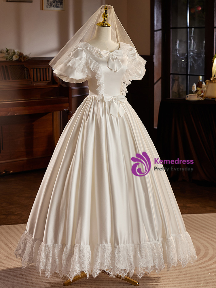 Stunning White Satin Puffy Wedding Dress,White Bridal Gown  Y6887 main image 1