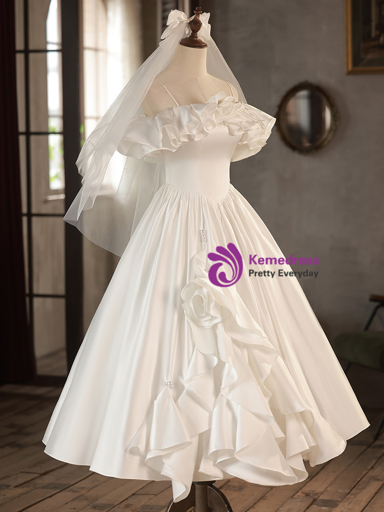 Beautiful High Low Spaghetti Straps Satin White Wedding Dresses