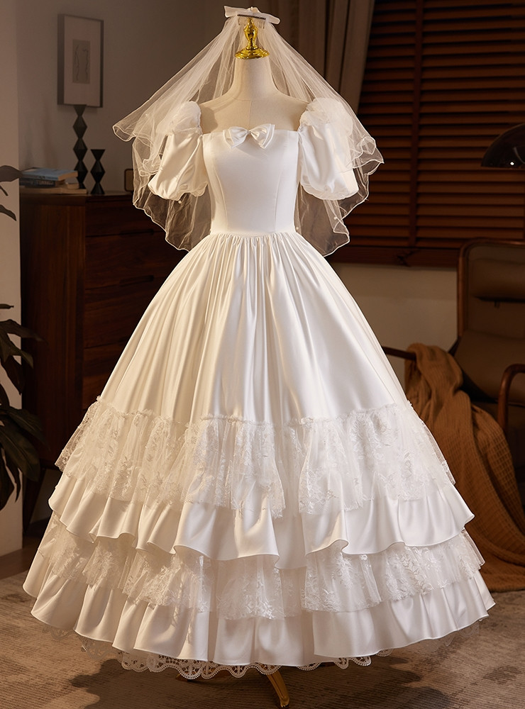 White Satin Square Puff Sleeve Vintage Wedding Dress White Satin Square Puff Sleeve Vintage Wedding Dress