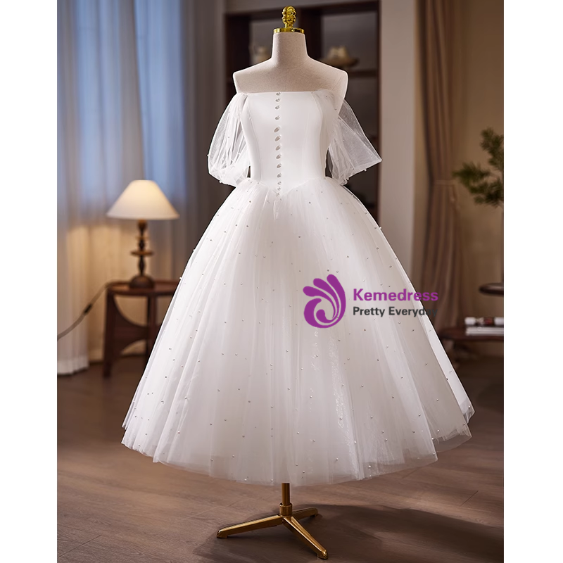 VINTAGE WHITE STRAPLESS SHORT SUMMER TULLE WEDDING DRESS main image 0