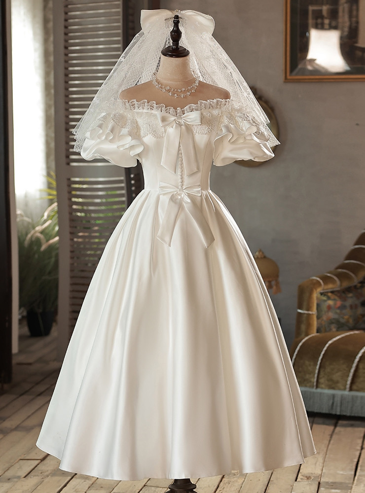 White Satin Lace Puff Sleeve Bow Wedding Dress White Satin Lace Puff Sleeve Bow Wedding Dress