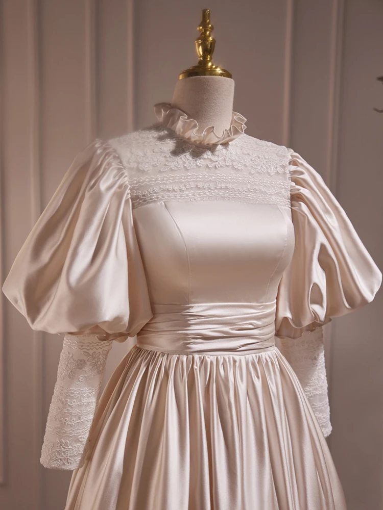 Champagne satin wedding dress lace and sleeve detail