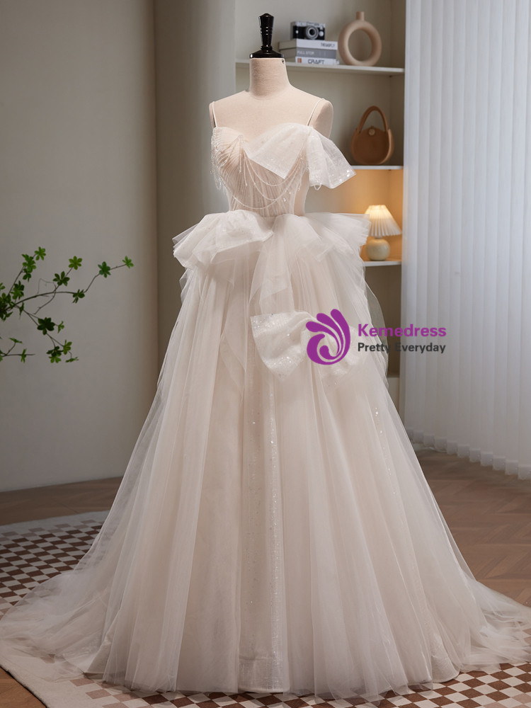 Beige Tulle Sequins Pleats Wedding Dress