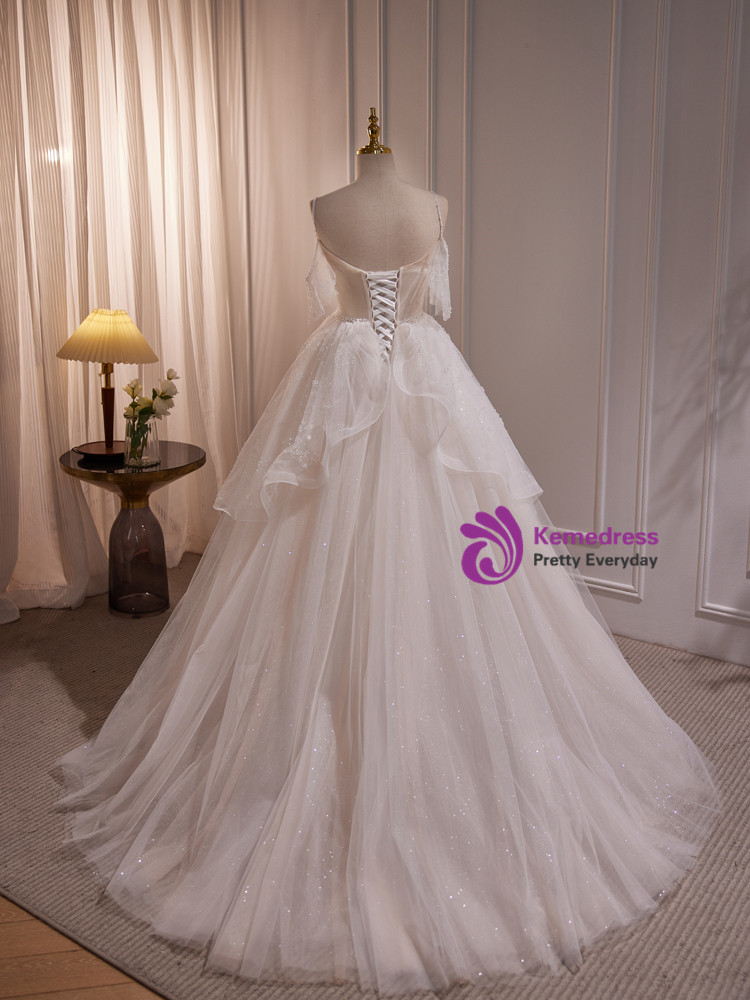 Tulle Spaghetti Straps White Long Ball Dress with Beading