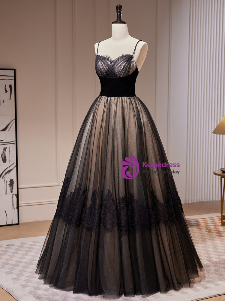 Tulle Pleated Bodice Spaghetti Straps Dresses Black