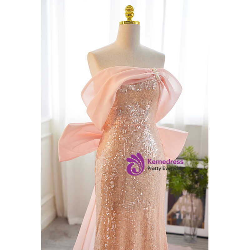 Pink Sequin Mermaid Prom Dress With Ruffles and Scoop Beadings main image 0